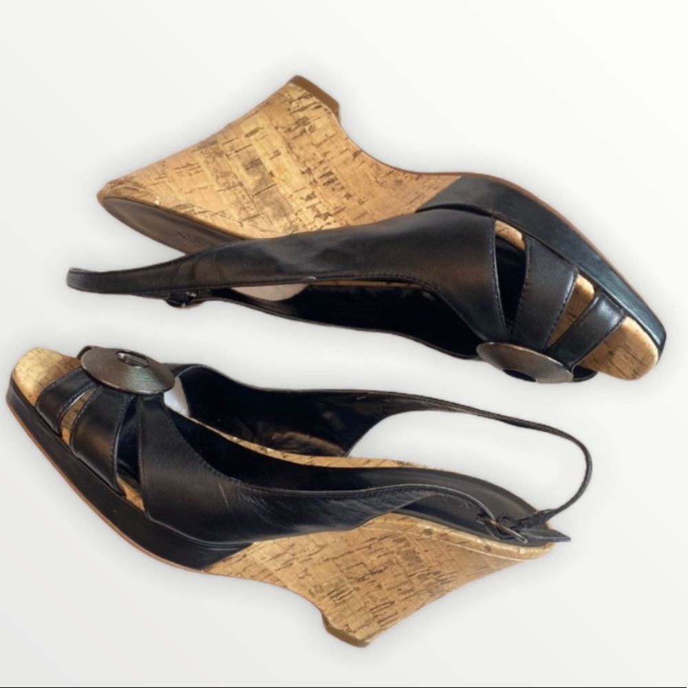 Anne Klein Women’s 7 Yeller Black Leather Cork Slingback Wedges